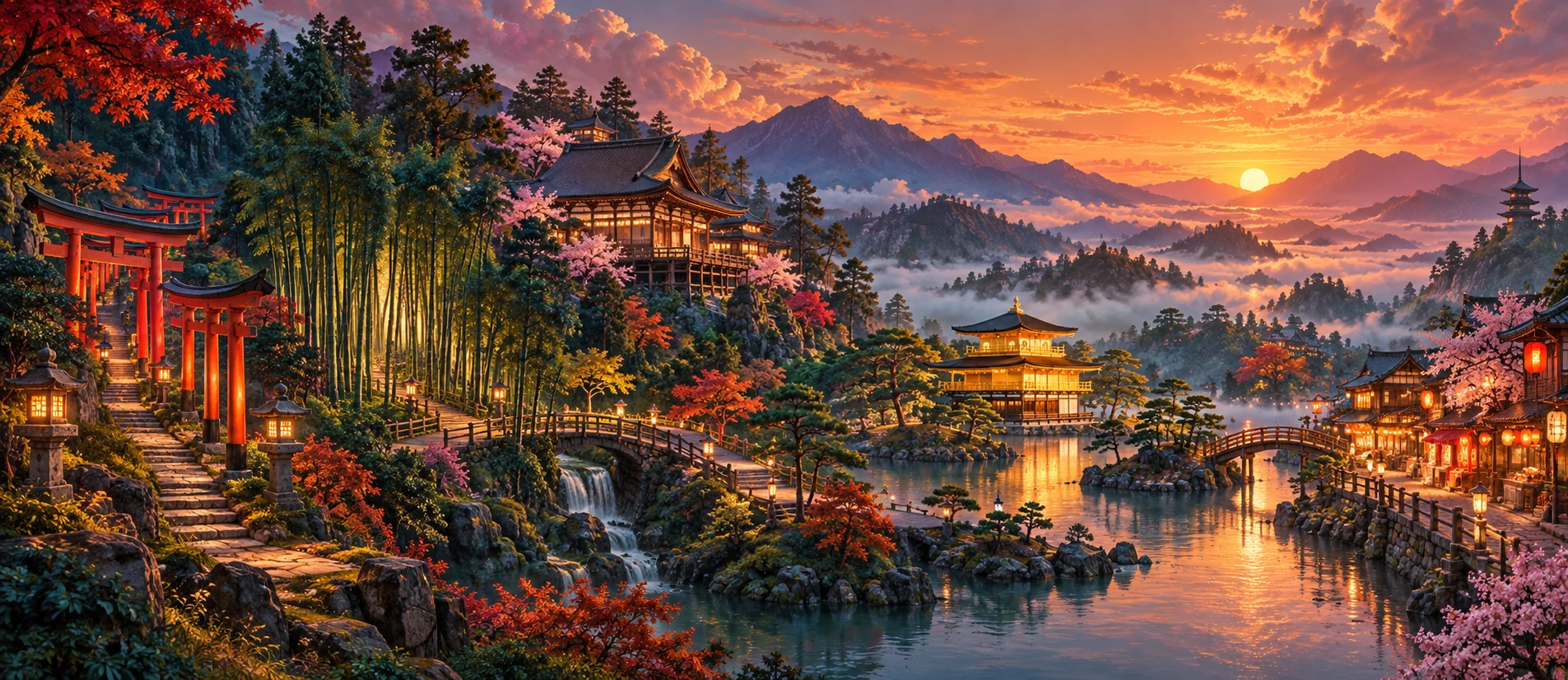 An illustrative Kyoto landscape with torii gates, bamboo, temples, and a lantern market
