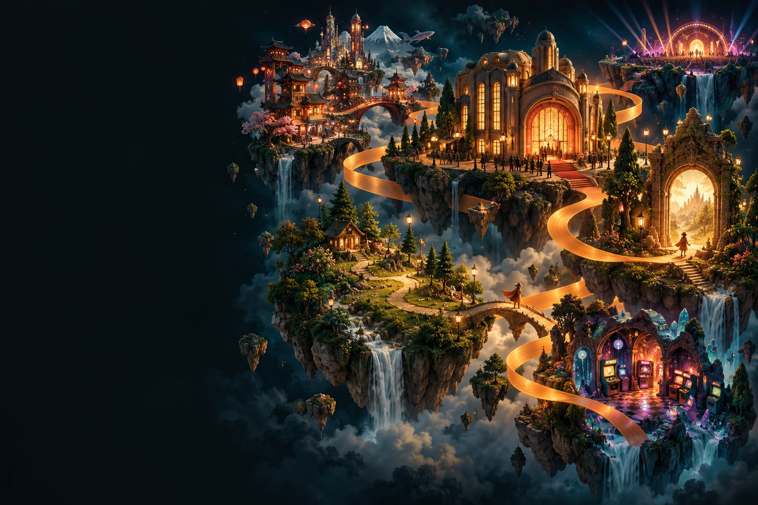 Eight imagined story worlds connected by a golden ribbon