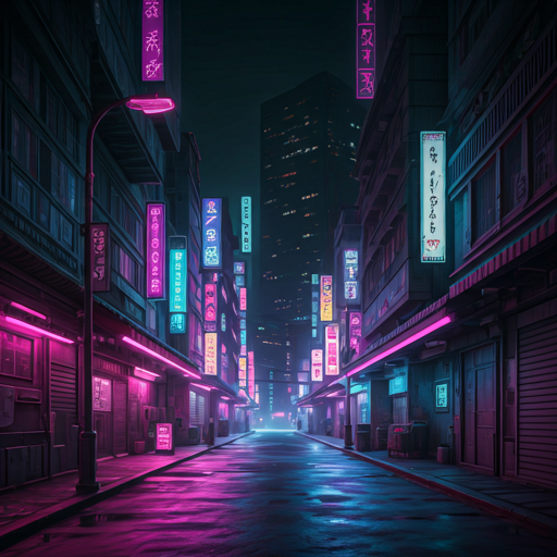 A neon-lit Tokyo street at night with light trails.