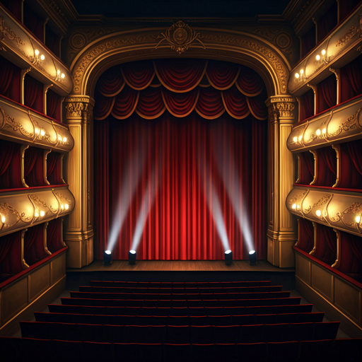 A grand theater interior with red velvet curtains and spotlights.