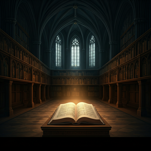 An ancient library at night, a single warm spotlight on an open book.