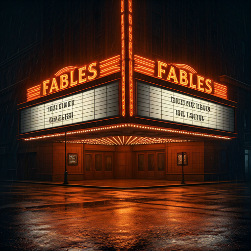 Cinema marquee glowing in the rain at night.