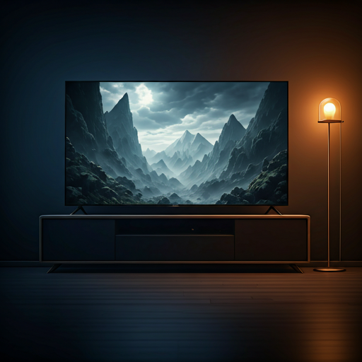 A TV screen showing an epic fantasy landscape in a dim room.