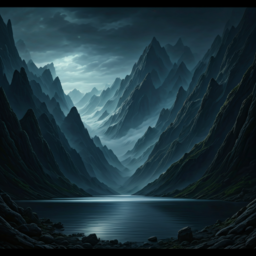A hidden mountain lake at twilight with rolling mist.